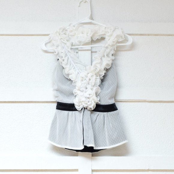 BEBE Farrah White Mesh Ruffle V-neck Swiss Dot Lace Halter Tank Top | Size XS - Picture 2 of 8